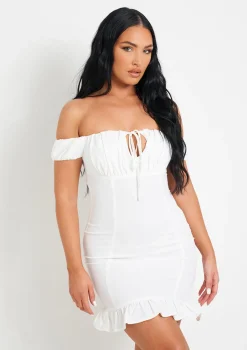 Khalani White Woven Frill Hem Mini Dress