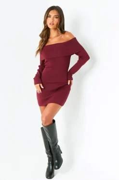 Kiara Burgundy Long Sleeve Off The Shoulder Knitted Dress