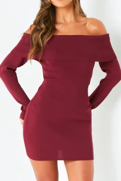 Kiara Burgundy Long Sleeve Off The Shoulder Knitted Dress