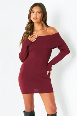 Kiara Burgundy Long Sleeve Off The Shoulder Knitted Dress