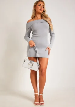Kiara Grey Long Sleeve Off The Shoulder Knitted Dress