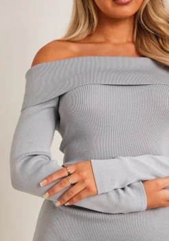 Kiara Grey Long Sleeve Off The Shoulder Knitted Dress