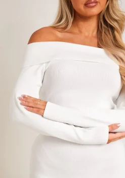 Kiara White Long Sleeve Off The Shoulder Knitted Dress