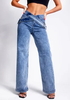 Kiki Blue Light Wash Denim Cross Over Belt Straight Leg Jeans