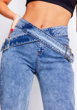 Kiki Blue Light Wash Denim Cross Over Belt Straight Leg Jeans