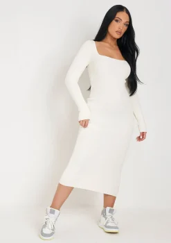 Kim Cream Knit Square Neck Long Sleeve Midi Dress