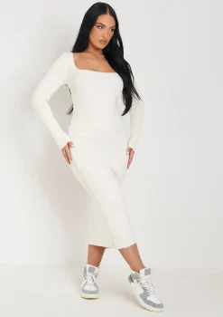 Kim Cream Knit Square Neck Long Sleeve Midi Dress