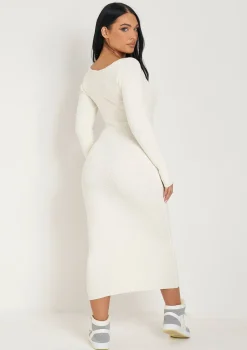 Kim Cream Knit Square Neck Long Sleeve Midi Dress