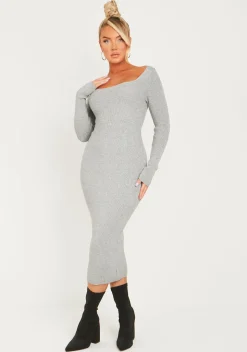 Kim Light Grey Knit Square Neck Long Sleeve Midi Dress