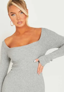 Kim Light Grey Knit Square Neck Long Sleeve Midi Dress