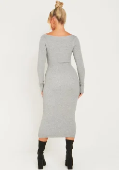 Kim Light Grey Knit Square Neck Long Sleeve Midi Dress