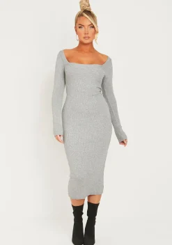 Kim Light Grey Knit Square Neck Long Sleeve Midi Dress