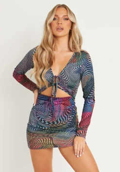 Klyah Multi Abstract Print Long Sleeve Cross Front Mini Dress