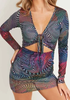 Klyah Multi Abstract Print Long Sleeve Cross Front Mini Dress