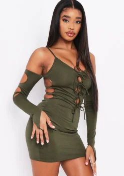 Lalie Khaki Cut Out Tie Mini Dress