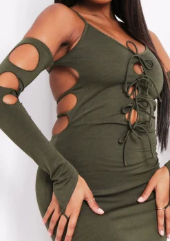 Lalie Khaki Cut Out Tie Mini Dress