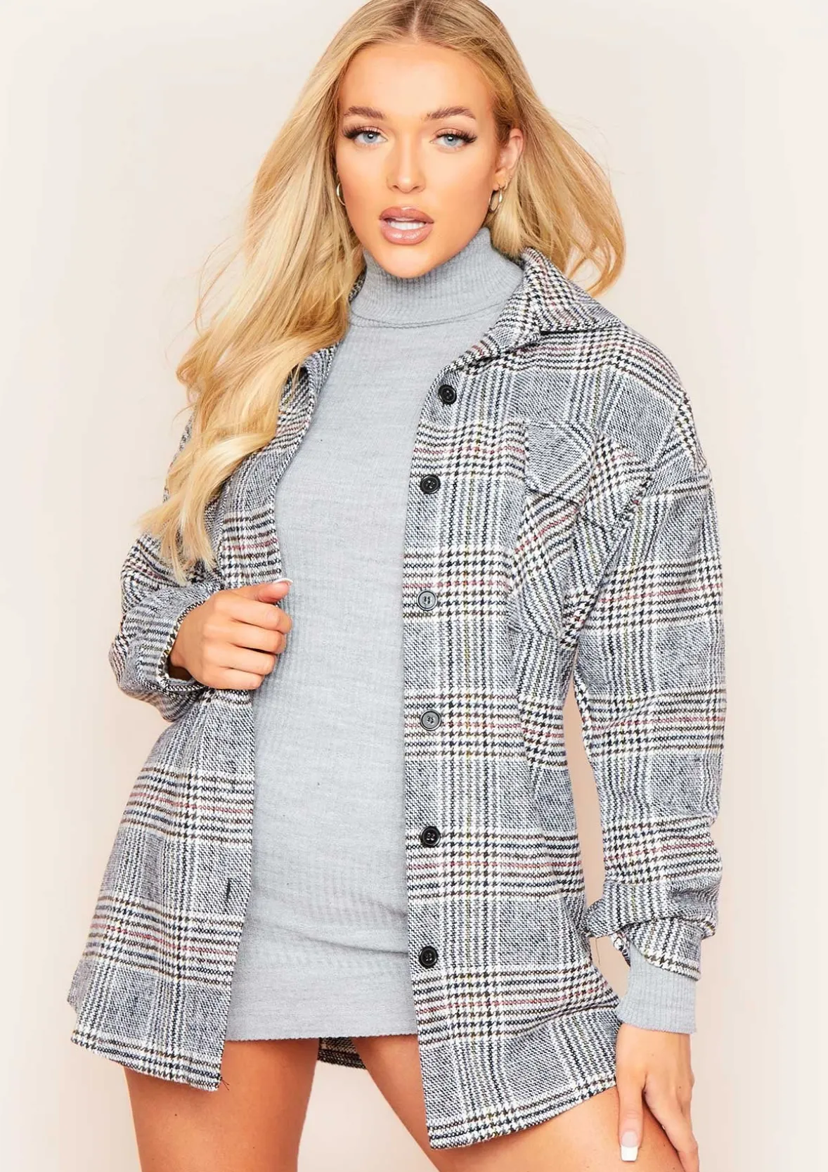 Lara Grey Multi Check Print Oversized Shacket