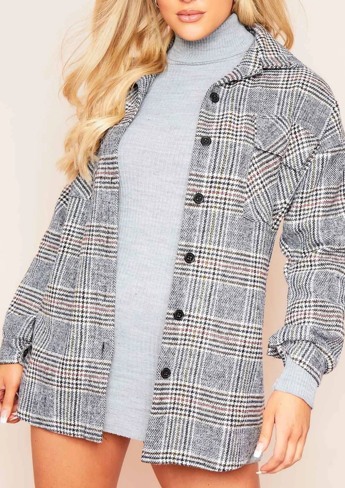 Lara Grey Multi Check Print Oversized Shacket