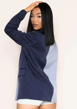 Larna Navy Pinstripe Spliced Double Breasted Longline Blazer