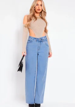 Layna Beige Rib Knitted High Leg Bodysuit With Sleeves