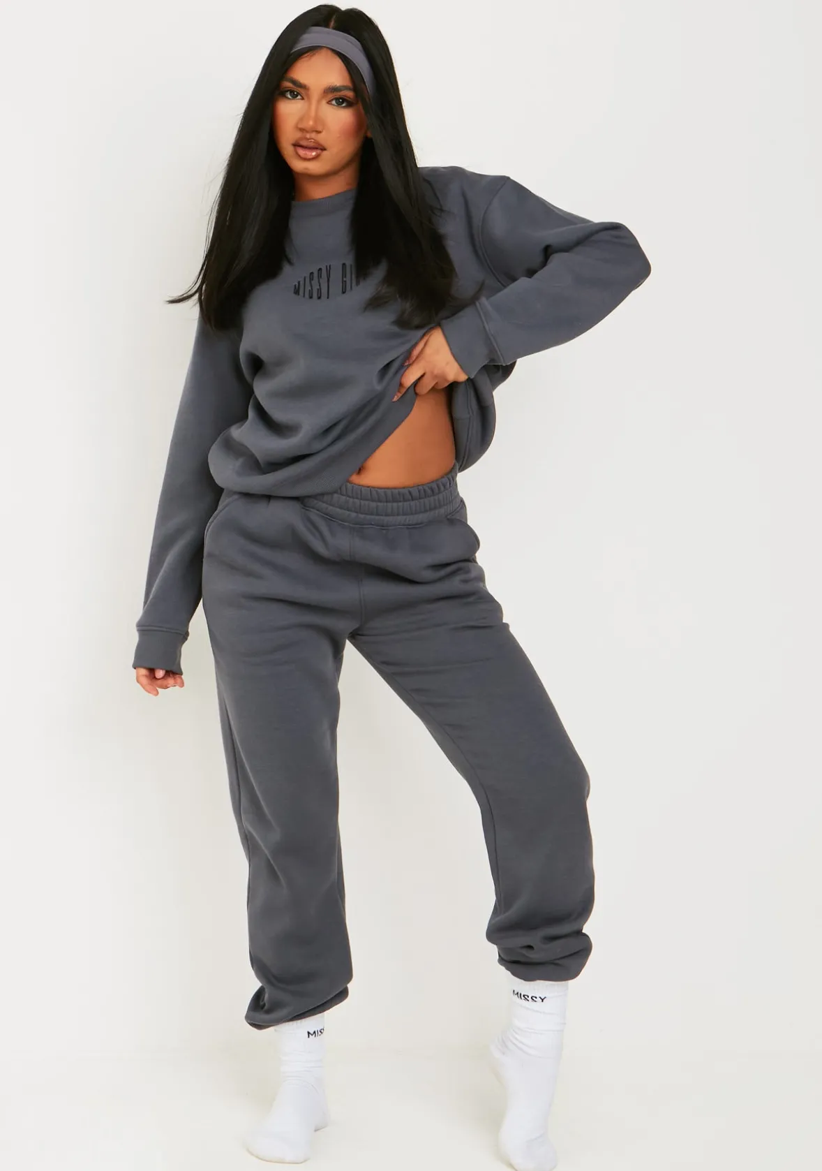 Leah Charcoal Missy Girl Embroidered Oversized Sweatshirt