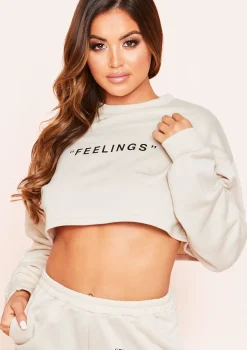 Leandra Beige "Feelings" Slogan Cropped Sweatshirt