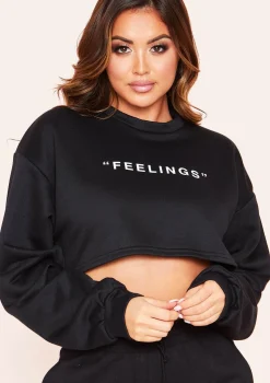 Leandra Black Feelings Slogan Cropped Sweatshirt