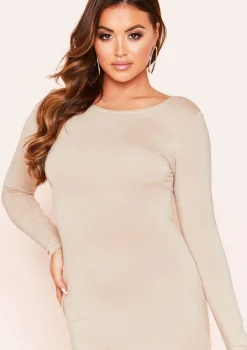 Lexi Beige Long Sleeve Basic Jersey Mini Dress