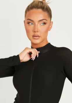 Lexi Black Disco Zip Through Long Sleeve Bodysuit