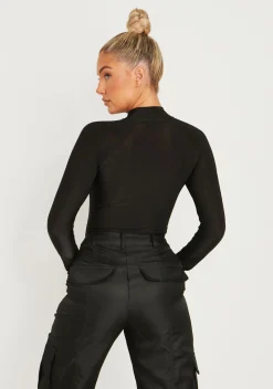 Lexi Black Disco Zip Through Long Sleeve Bodysuit