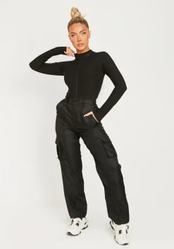 Lexi Black Disco Zip Through Long Sleeve Bodysuit