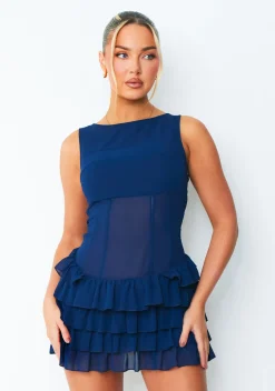 Lola Navy Ruffle Lace Up Back Mini Dress