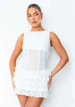 Lola White Ruffle Lace Up Back Mini Dress