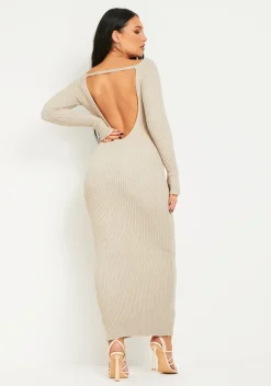 Lori Oatmeal Rib Knit Long Sleeve Midaxi Dress