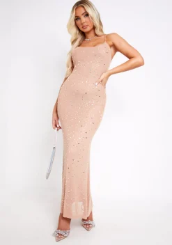 Louisa Nude Rhinestone Embellished Mesh Maxi Dress