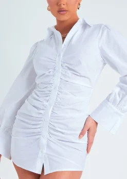 Lucia White Ruched Front Mini Shirt Dress