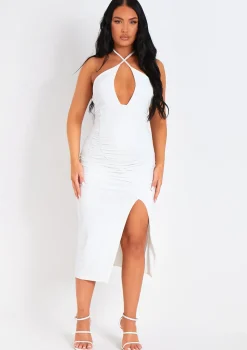 Lucy White Halter Neck Cross Over Ruched Midi Dress