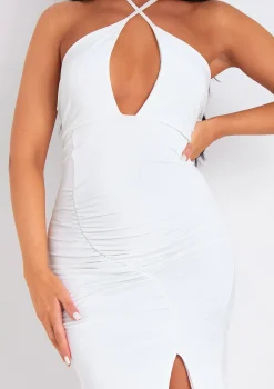 Lucy White Halter Neck Cross Over Ruched Midi Dress
