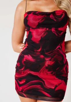Luna Red Multi Marble Print Mesh Mini Dress