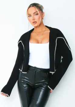 Lydia Black Contrast Trim Fold Over Cardigan