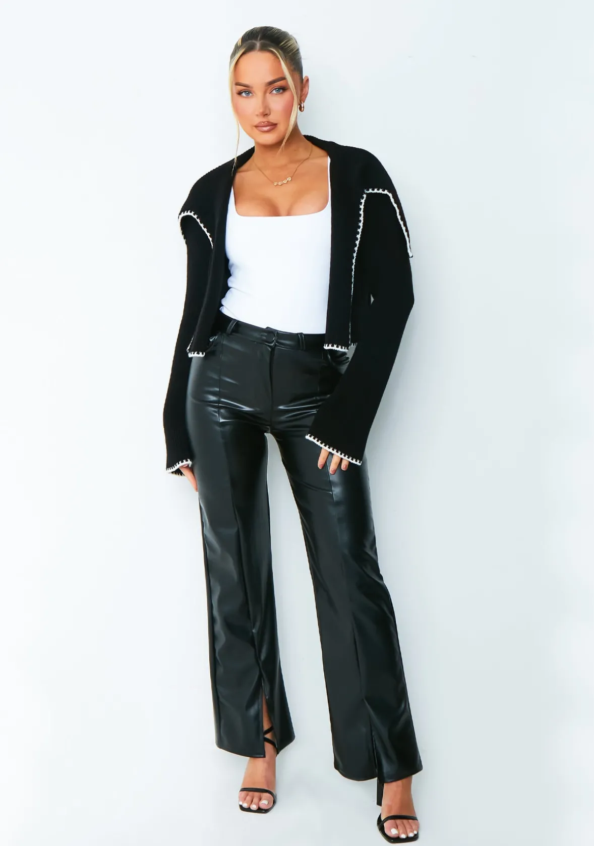 Lydia Black Contrast Trim Fold Over Cardigan
