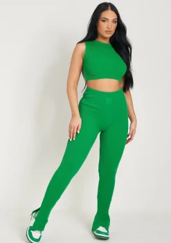 Madilyn Green Knitted Rib High Waisted Split Leggings