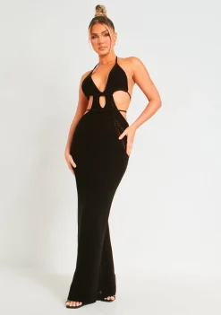 Madison Black Crochet Knit Halterneck Backless Maxi Dress