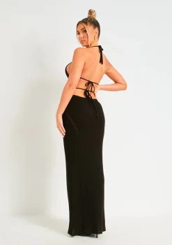 Madison Black Crochet Knit Halterneck Backless Maxi Dress