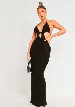 Madison Black Crochet Knit Halterneck Backless Maxi Dress