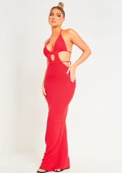 Madison Red Crochet Knit Halterneck Backless Maxi Dress