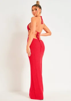Madison Red Crochet Knit Halterneck Backless Maxi Dress