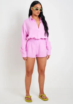 Maleah Lilac Linen Sheered Waist Shorts