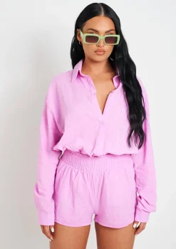 Maleah Lilac Linen Sheered Waist Shorts