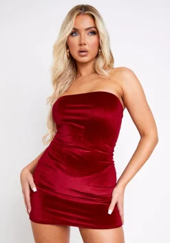 Malikah Dark Red Velour Bandeau Mini Dress